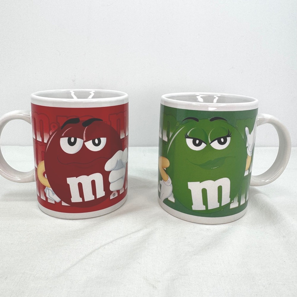 M&M's Galerie Coffee Mug Set Red and Green Characters Vintage 2002 Ceramic 2pc